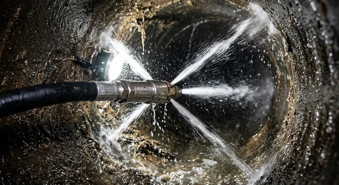 High-pressure hydro jetting nozzle cleaning sewer pipe for Emergency Drain Service in Wilmore