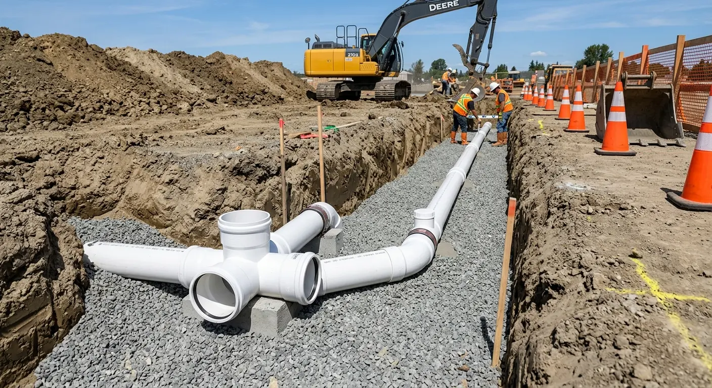 New PVC sewer pipe installation in open trench for Sewer Backup in Wilmore
