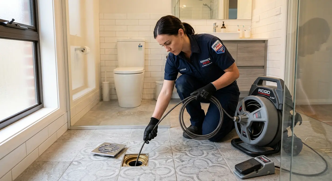 Technician clearing a bathroom floor drain for Sewer Line Replacement in Wilmore